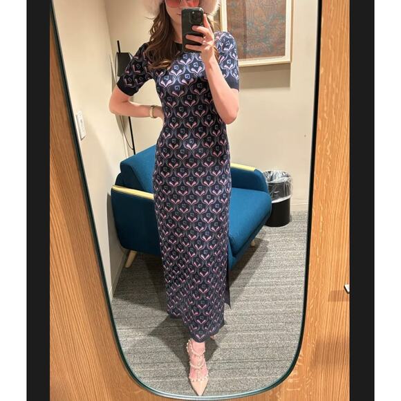 Paco Rabanne Blue Logo Knit Midi Dress MEDIUM Bodycon Career Wool Designer $940 - Picture 6 of 13